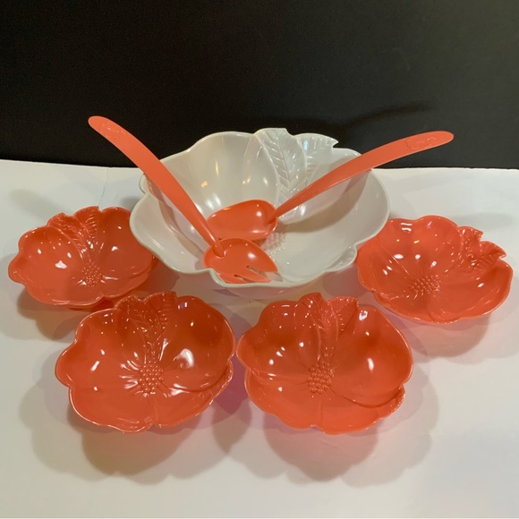 Vintage Salad Bowl set Fork Spoon Hibiscus Flower Hoffman Industries #35 - Picture 1 of 8